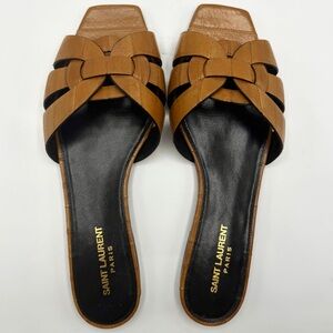 NEW Saint Laurent YSL Tribute Nu Pied Brave Beige Cognac Anguilla Slide Sandals